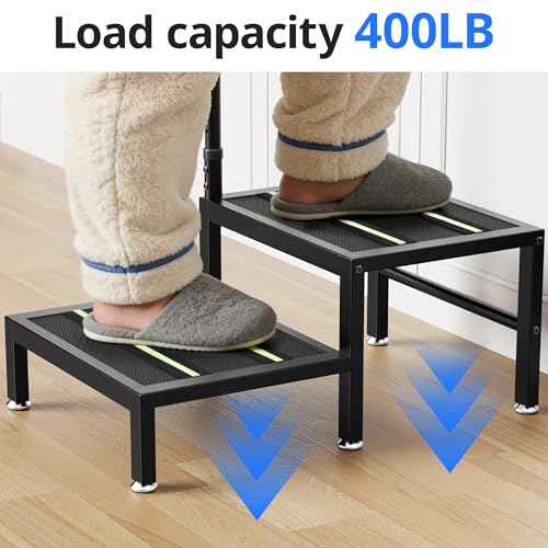 Josmimic 2 Step Stool with Handle - Heavy Duty Non-Slip Bedside Stool (Black, Adjustable Handrail)