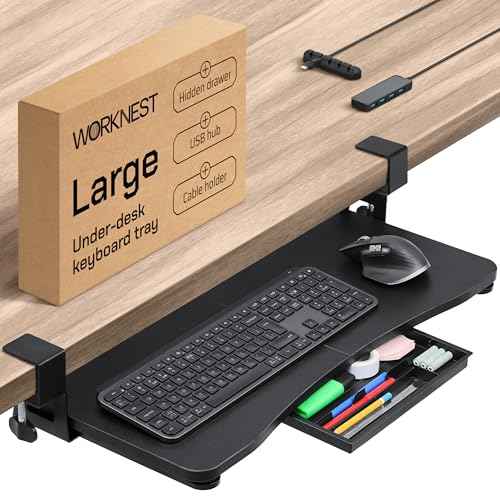 Keyboard Tray | Under Desk Keyboard Tray Slide Out w/Adjustable C-Clamps for Desks Up to 1.5-Inch-Thick | Clamp On Drawer with 1x USB-C to 4 USB-A Hub and 1x Five-Cable Management Organizer