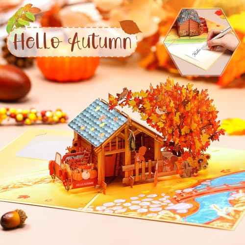 Teling 3D Fall Thanksgiving Pop up Card Thank You Greeting Card with Envelope Hello Autumn 9" x 6.3" Cover Handcrafted Cozy Autumn Farmhouse with Maple Tree Pumpkin Squirrel Thinking of You Gift