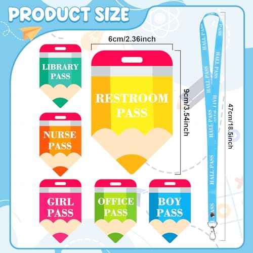 6 Sets Hall Passes for Classrooms, PVC Hall Lanyards Passes for Hall Bathroom Library Office Boy Girl and Nurse Ideal for Classroom School Supplies. (Pencil)