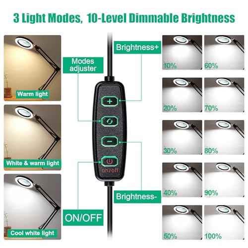 10X Magnifying Glass with Light and Stand, 2-in-1 LED Magnifying Lamp, 3 Color Stepless Dimming Magnifier with Light, Real Optical Glass Magnifier Lamp for Crafts Repair Close Work- Black