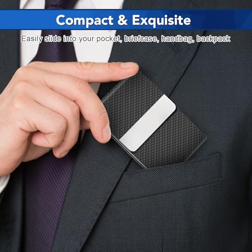 DMFLY Black Carbon RFID Blocking Slim Metal Business Card Holder - PU Leather, Magnetic Closure