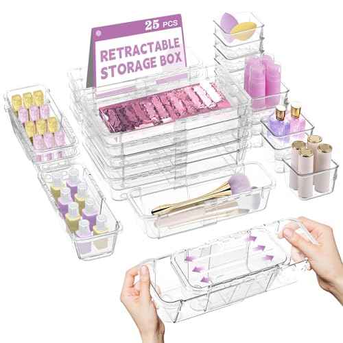 25 Pcs Clear Drawer Organizer, Adjustable Drawer Storage Box, 3-Size Desk Drawer Organizer, Acrylic Storage Bins for Makeup, Cosmetic, Kitchen Utensils, Bedroom Dressers Tool Organizer for Gadgets