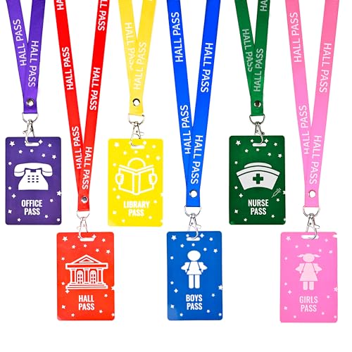 Classroom Hall Passes with Lanyards - Unbreakable PVC School Passes for Bathroom, Library, Nurse, Office, and Hall - 6 Sets