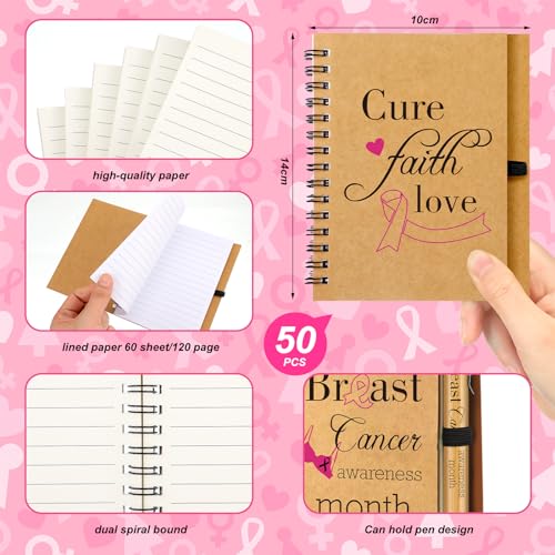 Yeaqee 50 Set Breast Cancer Awareness Gifts Mini Inspirational Notebooks with Pens Small Motivational Notepads Bulk Pink Ribbon Pocket Notepads Awareness Month Appreciation Gifts for Women Girls