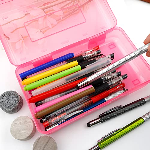 BOEIAC 1pcs Clear Pink Large Capacity Pencil Box with Snap Lid - Stackable & Durable