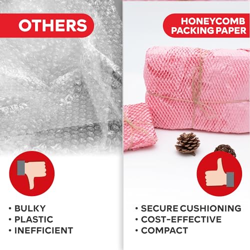 Pink Honeycomb Packing Paper for Moving 12x66 Feet - Cushion Wrap with Fragile Stickers