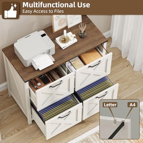Halitaa Farmhouse Lateral File Cabinet with 4 Drawers – Rustic White and Brown