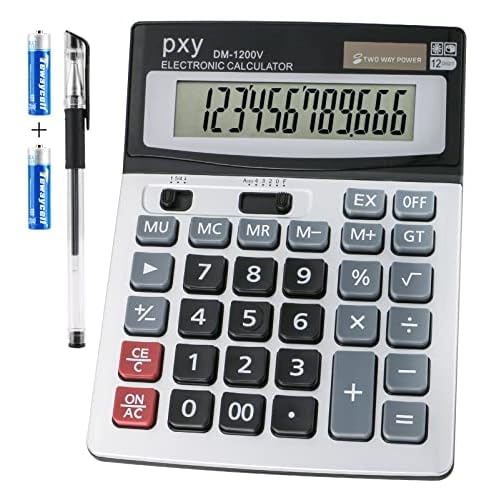 Desk Calculator 12 Digit Extra Large LCD Display, Touch Comfortable with Big Buttons, PXY Two Way Power Battery and Solar Standard Function Office Calculators