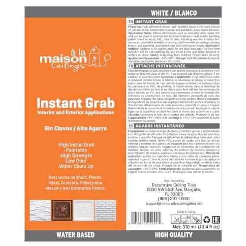 ? LA MAISON CEILINGS Instant Grab - Ceiling Tile, Wall Panel & Crown Molding Adhesive - High-Strength, Water-Resistant Glue for Indoor/Outdoor Use - Easy-Apply, Quick-Bond Formula (4-Pack)