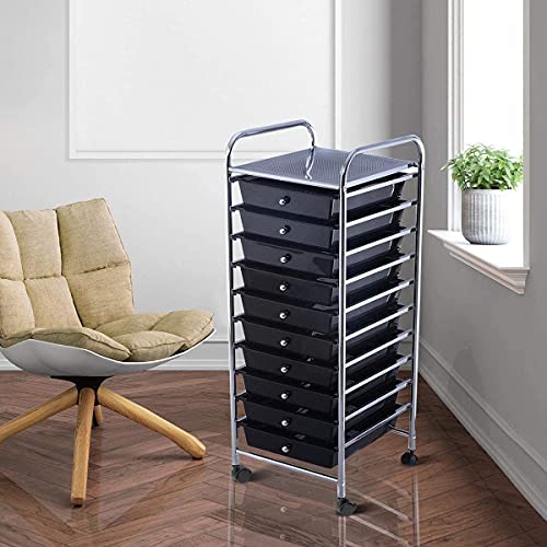 10 Drawer Storage Cart, Tools Scrapbook Paper Arrangement Mobile Drawer Cart Organizer, Space Saving Cart with 4 Wheels and Inter Locker System, Suitable for Cosmetics, File (BK)