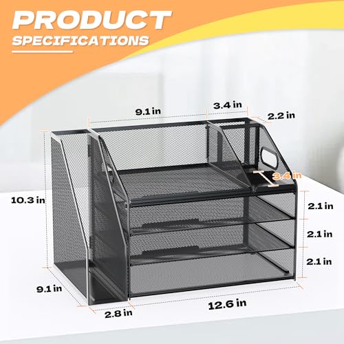 DocNest 4 Tier Paper Letter Tray File Organizer, Mesh Desk File with Handle, Workspace Desk Organizers with Pen Holder, Office Organization Storage Accessories - Black