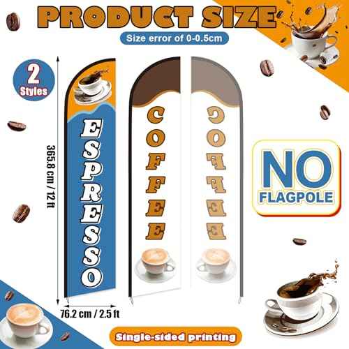 2 Pack Coffee Espresso Feather Flags Cafe Feather Swooper Flag Banner 2.5 x 12 ft Tall Heavy Duty Coffee Espresso Shop Advertising Marketing Sign Weatherproof for Outdoor Business Flag Only