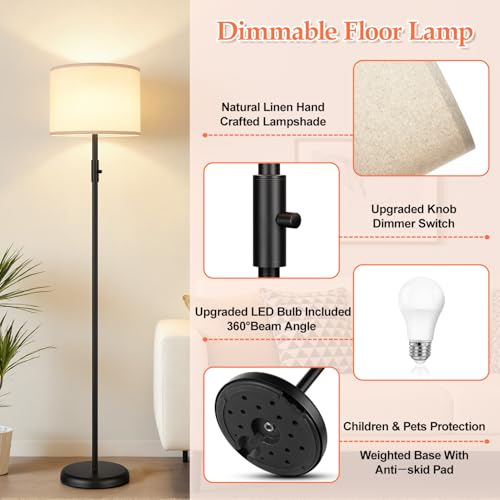 Yemela Matte Black Floor Lamp with Beige Linen Shade - Dimmable Tall Standing Light for Living Room & Bedroom