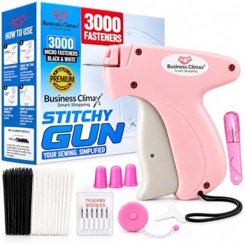 Premium Stitch Gun for Clothes – No-Sew Handheld Tagging & Hemming Tool with 6 Needles, 1,500 Black & 1,500 White Fasteners