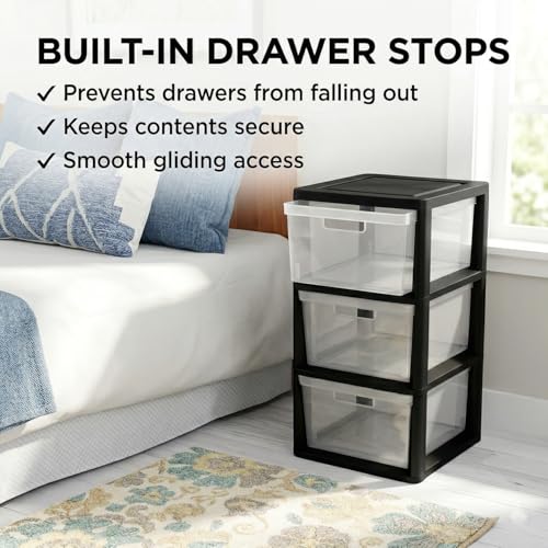Black 3-Drawer Plastic Storage Tower Organizer with Clear Removable Bins