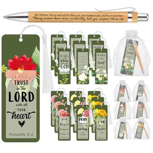 Spakon 100 Sets Mother's Day Church Gifts Bible Verse Bookmarks Inspirational Bamboo Pens Gift Bags Mom Christian Gifts Bulk Religious Mothers Day Party Favors