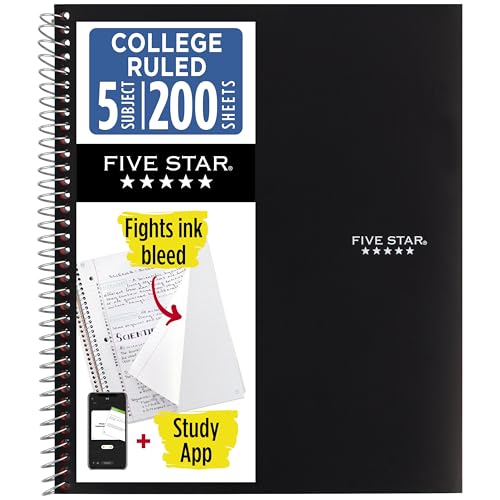 Five Star 5-Subject Spiral Notebook Black 8.5 x 11, 200 Sheets, Water-Resistant Cover, Pack of 1