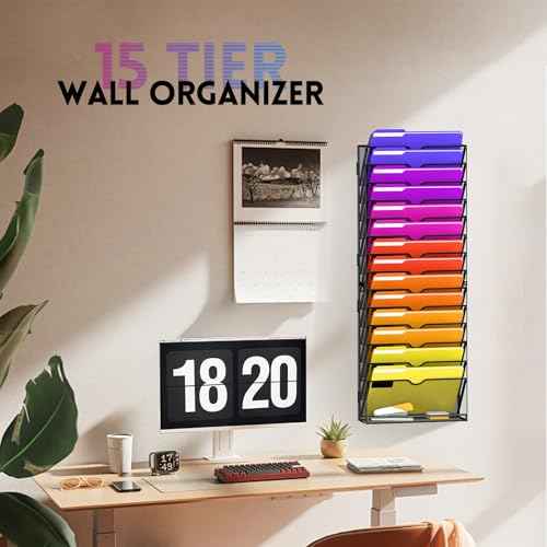 15-Tier Wall File Organizer, Hanging Wall File Holder for Papers, Folders, Magazines, Mesh Mail Holder Magazine Rack for Office Home Classroom, Black