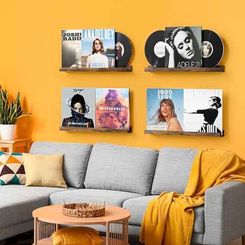 Vinyl Record Shelf Wall Mount 24 inch, Pack of 4 Album Record Holder Display, Wood Floating Shelves for Wall Decor, Album Shelves, Kids Bookshelf, Magazine Rack, Walnut