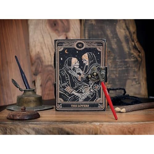 C CUERO Book of Spells Leather Journal Deckle Edge Paper Grimoire Printed Journal The Lovers Tarot Notebook Spiral Gothic Notebook Skull lover Antique Vintage Leather Journals for Men and Womens 10