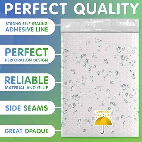 White Poly Bubble Mailers Self Seal, 9.5 x 13.5 Inch. Pack of 50 Bubble Packaging Envelopes for Shipping. Durable Padded Envelopes Waterproof. Self Seal Padded Mailers. Shipping Packages