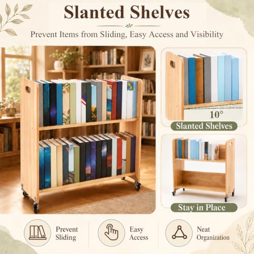 Leinuosen Solid Wood 2-Tier Book Cart with 2in Casters, 32" W x 30" H