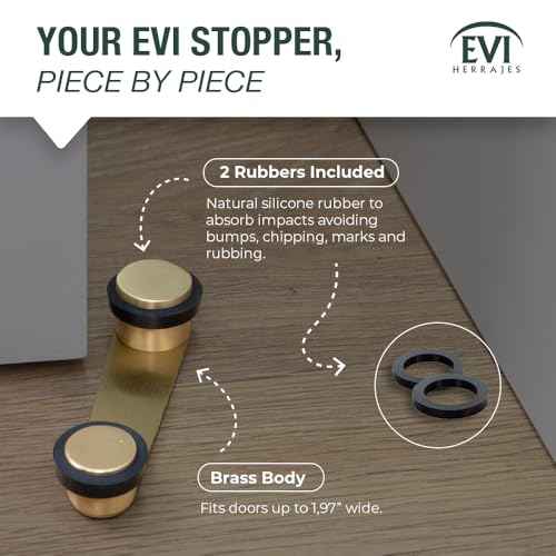 EVI Door Stoppers | Brass Door Holder for Bottom of Door - Adhesive and Screw Fastening - Protector Rubber - 1.97 Inch Wide Doors