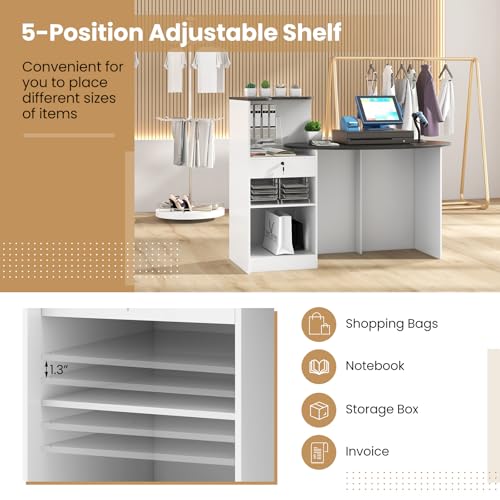 GOFLAME Black + White Reception Desk with Lockable Drawer, Adjustable Shelf, Oval Top