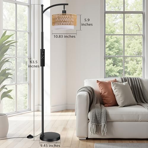 Ambimall Arc Floor Lamp for Living Room with Remote, Color Temperature & Brightness Adjustable, Boho Standing Lamp with Rattan & Fabric Double Drum Shades, Bulb Included(Black)