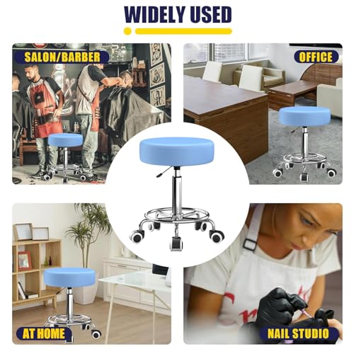 Rolling Stool, Heavy Weight Capacity 250lb, PU Leather Rolling stools, Ultra Soft Padded Seat, Rolling Stools with Wheels and Footrest, 360¡Æ Swivel, Spa Drawing Salon Work Office Tattoo Stool (blue)