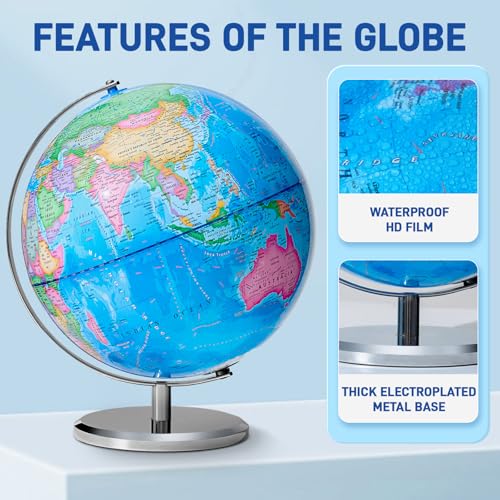 13" World Globe for Kids, Classroom Globe for Education & Decoration with Stable Heavy Metal Base, HD Waterproof Printed & Rewritable Surface