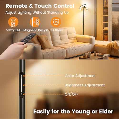 LED Floor Lamp - Rotatable Standing Lamp with Touch & Remote Control, 3000-6000K, 22W Modern Floor Reading Light, Dimmable Corner Uplighter for Living Room Bedroom Office, Black