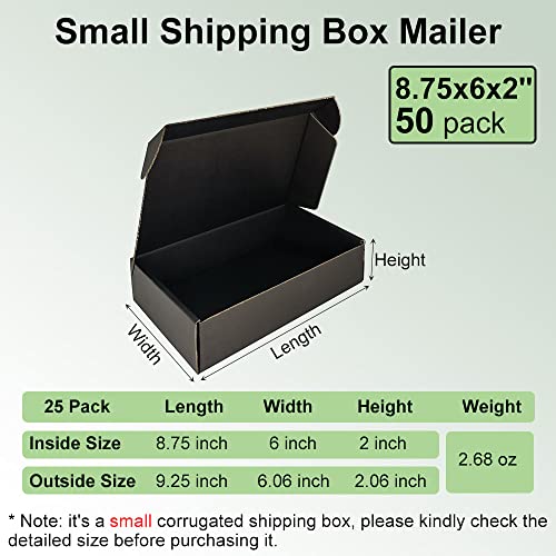 50 Pack 9x6x2'' Small Shipping Boxes, Black Corrugated Cardboard Mailers for Mailing Packaging Small Business (BK962-50)
