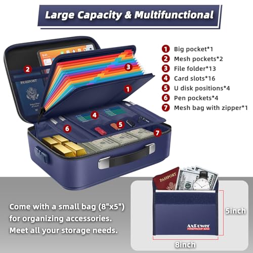 Fireproof Document Storage Box Hard Case With Lock, Multi-Layer Fire Proof Water Resistant Safe Box File Organizer Bag With Small Money Bag for Important Documents Passport Certificates Laptop (Blue)