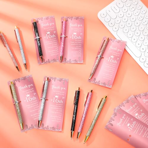 25 Sets Sweet 16th Birthday Party Favors for Guests, Include Sweet Sixteen Glitter Ballpoint Pens with Thank You Cards, Thank You for Coming to My 16 Years Birthday Party Supplies (Classic)