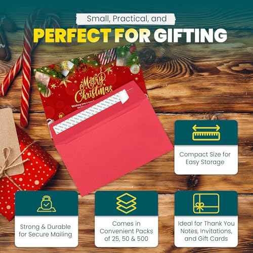#6 3/4 Red Envelopes Self Seal, 500/pack, Colored Envelopes Letter Size 6 1/2 x 3 5/8 inch, Business Envelopes for Cards, Invitations, Holiday, Postcards, Gifts - 32lb Heavyweight Paper