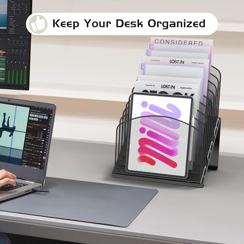 Inclined Desk File Organizer Metal Desk Magazine Folder Holder with 8-Section Vertical Compartments Rack File Organizer for Office, Home, School, Black