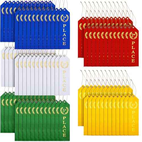Kenning 150 Pieces Track Award Ribbons 1st, 2nd, 3rd, 4th, 5th Trophy Place Flat Carded Set Prize Contest Award Ribbons with Event Card and Rope for Competition Event Contests Activities