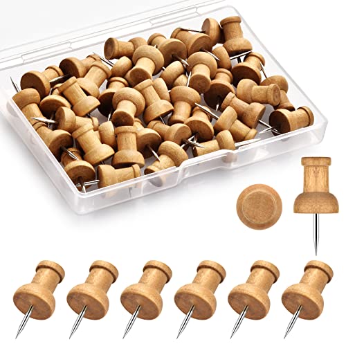 Dorbetar 40 Pcs Wood Push Pins - Decorative Thumb Tacks, Natural Wood & Stainless Steel, Brown