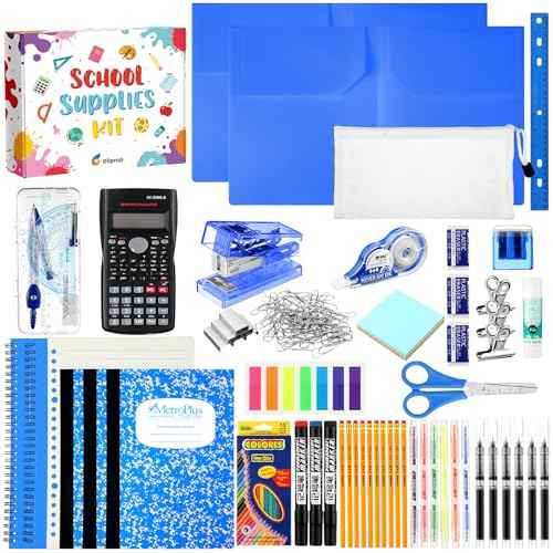 108 Pcs Middle High School Supplies Kit Back to School Supplies for Student 7-12 Grades Essentials Bundle Box Calculator Pencils Compass Notebook Pens(Blue)