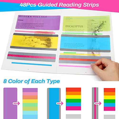 48-Piece Guided Reading Strips - 3-Style Highlighter Strips & 8-Colored Reading Overlays with Transparent Highlighter Stick Tabs & Bookmark for Dyslexia