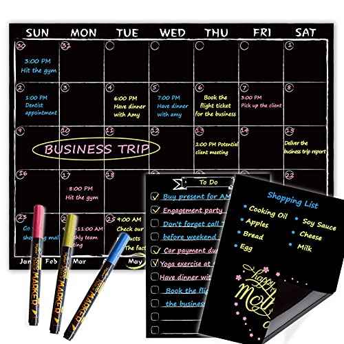 Magnetic Chalkboard Monthly Calendar with neon Bright Liquid Chalk Markers ? Black Refrigerator Monthly Planning Board w/Bonus - Grocery List and Notepad for Kitchen Refrigerator