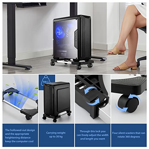 Hmseng Black Adjustable Mobile CPU Tower Stand with 4 Rollers – Fits Most PCs Under Desk