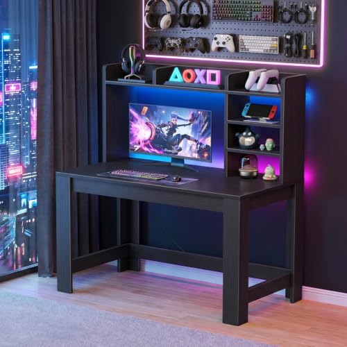 43in Black Gaming Desk with Hutch, Built-In Power Outlet & USB Ports