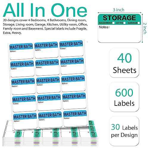 600 Count 3 x 2 Large Home Moving Packing Box Labels for 3-4 Bedroom House with Writable Notes Areas, 17 Color Coded Moving Labels for Boxes + Fragile Moving Stickers + Heavy and Blank Labels