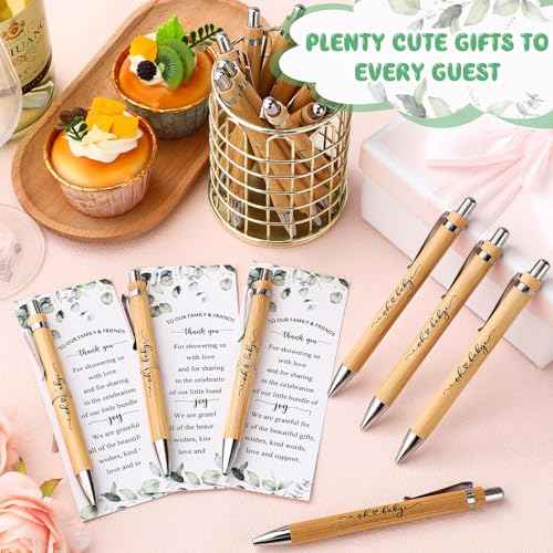 Yeaqee 100 Sets Woodland Safari Baby Shower Gifts for Guest Greenery Woodland Baby Shower Favors Retractable Pens Bamboo Pens Gender Reveal Greeting Cards Souvenirs Prizes