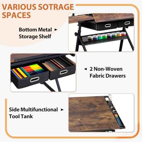 SUPER DEAL Drafting Table Set with Charging Station, Height Adjustable Tilting Drawing Desk Artist Desk with Stool Multifunctional Art Craft Workstation with 2 Storage Drawers for Home Office School
