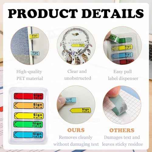 5 Pack 500 Pcs Sign Here Sticky Tabs, Multicolor Sign and Date Post It Flags, Signature Tabs, Initial Here Post It Flags, for Notary, Office, Books, Documents (500pcs)
