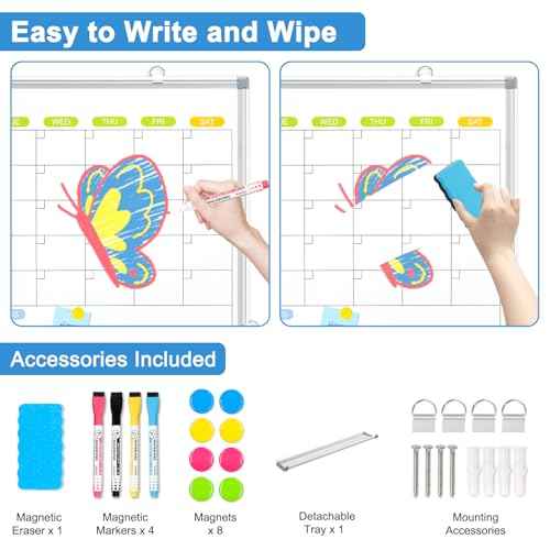 Dry Erase Calendar Whiteboard for Wall, WALGLASS 24" x 18" Magnetic White Board, Monthly Dry Erase Calendar with Silver Aluminum Frame, Double-Sided Hanging Portable Board for Office, Home, School